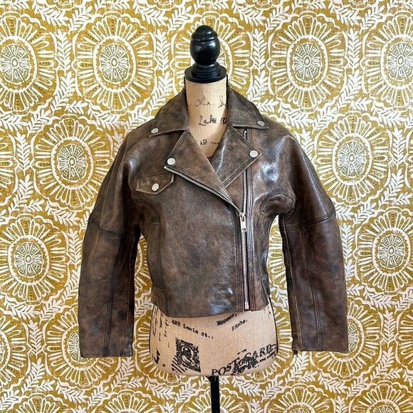 GANNI Washed Perfecto Brown Leather Cropped Biker Jacket size 36 US S Sold Out - Picture 6 of 16